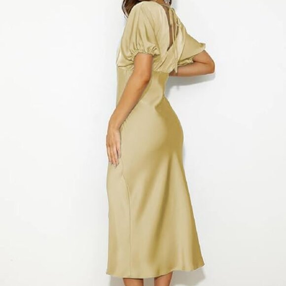 Lopath Yellow Satin Open Back Puff Sleeve Party Wedding Guest Formal Midi Dress - Picture 4 of 6